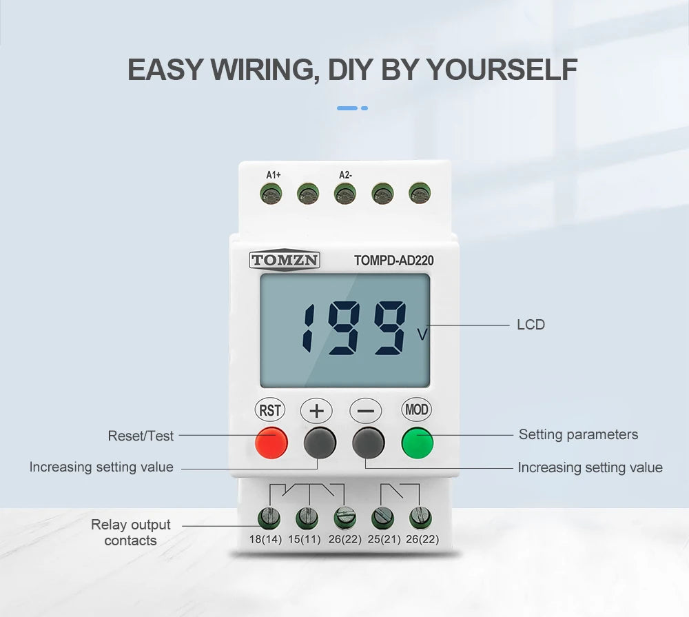 TOMZN AC DC 110V-240V DIN Rail Over and Under Voltage Protection Monitoring Relays Protector
