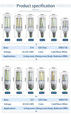 E27 LED Lamp AC 220V 230V Corn Lamp 24 36 48 56 69 72leds Lampada Led Bulb SMD5730 Led Lamp Light E14 Chandelier Lighting 240V