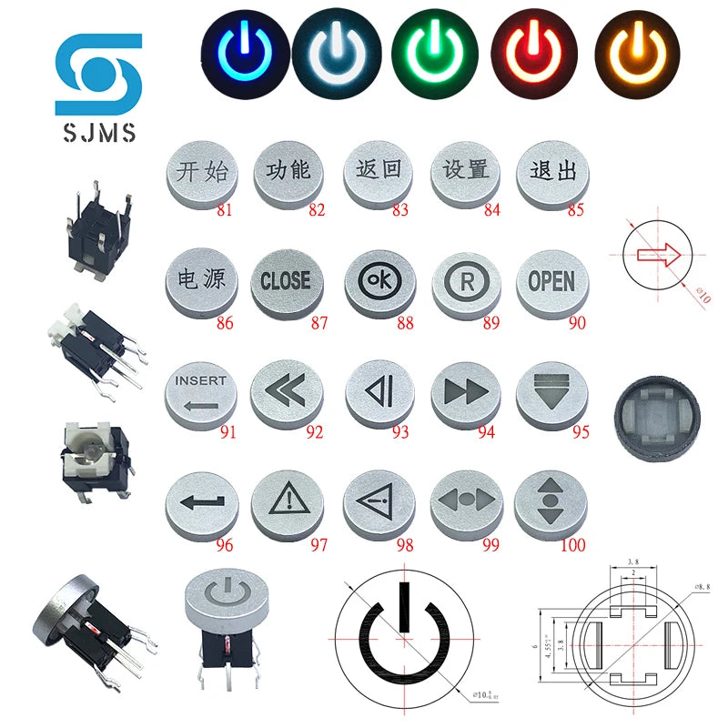 SJMS 5Pcs 6*6*9.5mm 6PIN DIP Through Hole Micro Push Button Tactile Momentary With LED Switch Tact Push Indication  Button mode