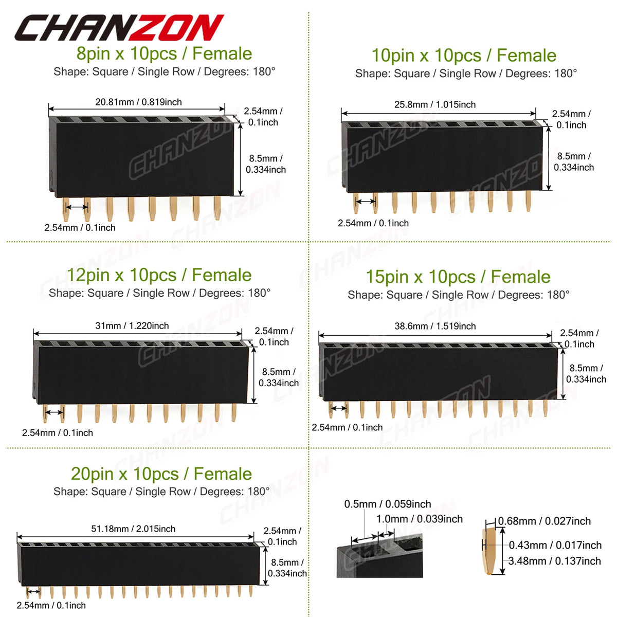 Single Row Female 2 3 4 5 6 8 10 12 15 20 40 Pin Header Gold Plated Solderless 2.54mm Pitch Strip Pinheader Connector