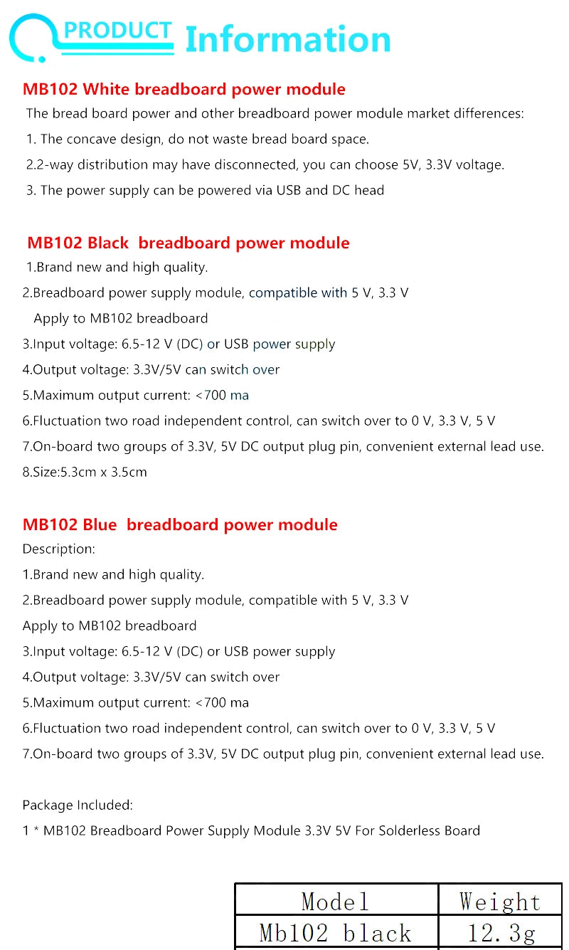 3.3V/5V MB102 Breadboard power module+ 400 points Solderless Prototype Bread board kit +65 Flexible jumper wires