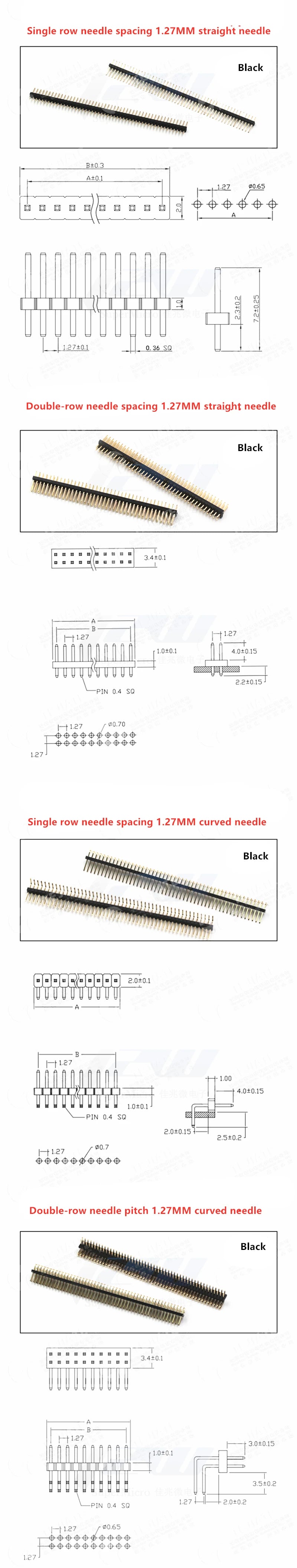 Free shipping (5pcs/lot) Pitch 1.27MM Pin Header Female Single and Double Row 1*40P 50P 2*40P50P Straight/Curved Pin Gold Plated