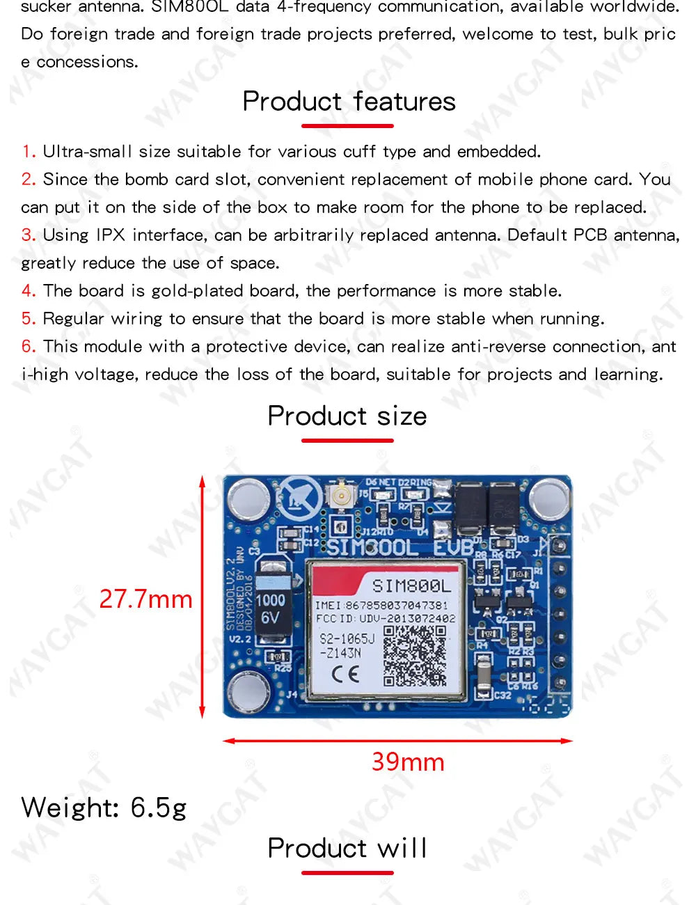 WAVGAT SIM800L V2.0 5V Wireless GSM GPRS MODULE Quad-Band W/ Antenna Cable Cap