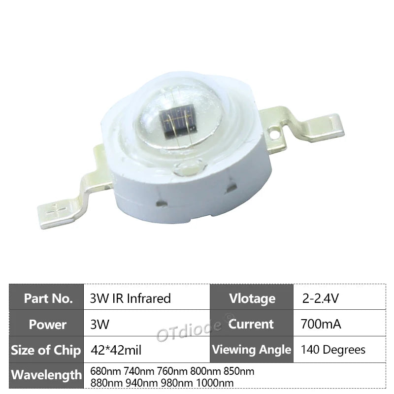 High Power LED Chip IR Infrared 3W 5W 680nm 740nm 800nm 850nm 880nm 940nm 980nm Emitter Diode Light Lamp for Night Vision Camera