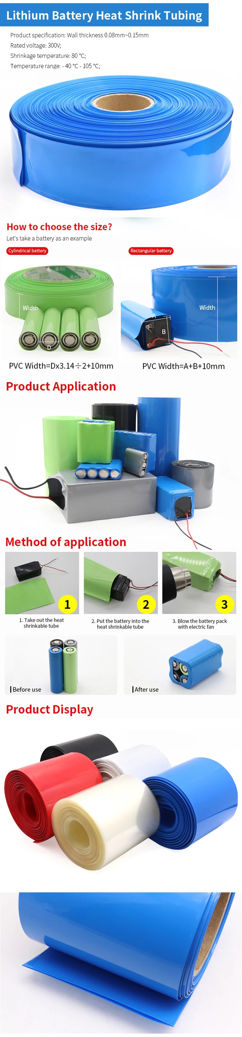 1M 18650 Lip Battery PVC Heat Shrink Tube Pack Width 280mm ~ 625mm Dia 55 - 255mm Insulated Film Wrap Lithium Case Cable Sleeve