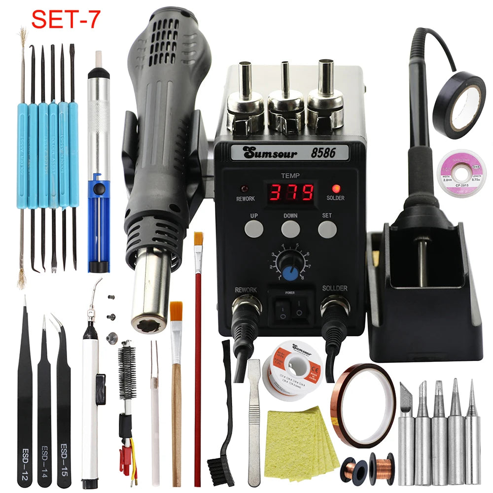 2 in 1 Soldering Station 8586  Digital Display SMD Rework Hot Air Gun Solder Iron 220V ESD Welding Desoldering Repair Tools