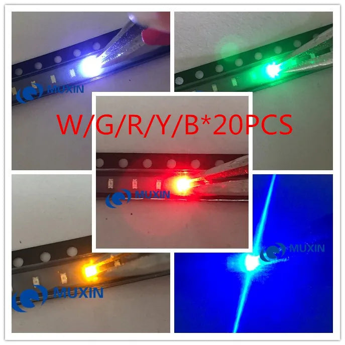 100pcs=5colors x 20pcs 5050 5730 3014 1210 2835 3528 1206 0805 0603 0402 SMD LED Diode Kit Red / Green / Blue / White / Yellow