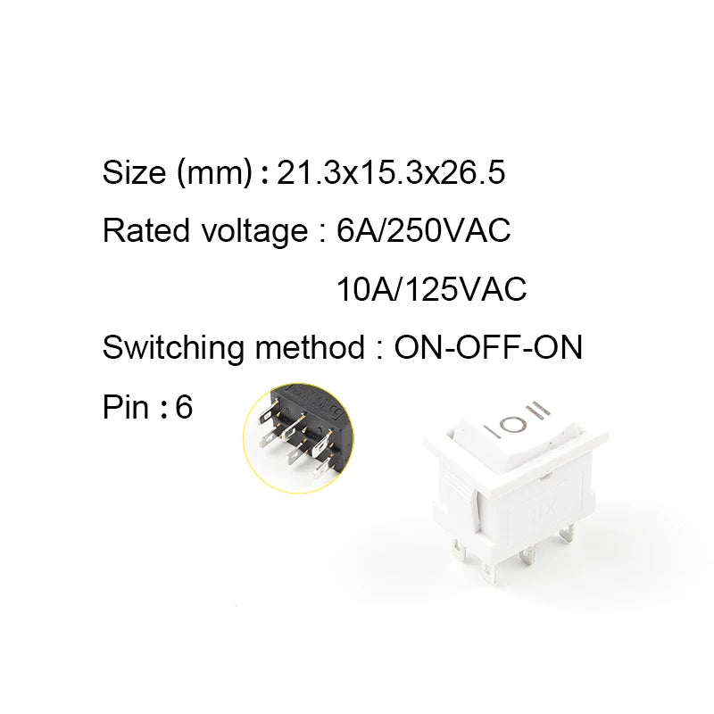 5PCS 6PIN 21X15mm Rocker Switch KCD2 DPDT Black White Push Button Boat Power Rocker Switch 6A/250V 10A/125V Electrical Equipment