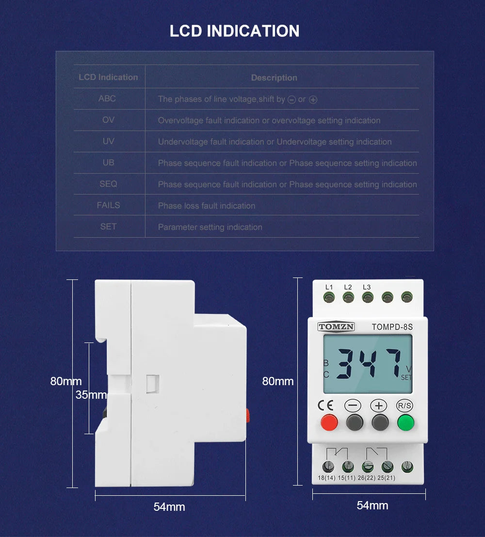 TOMZN 3 Phase Din Rail Adjustable Under Over Voltage Protector Voltage Monitoring Sequence Protection Relay