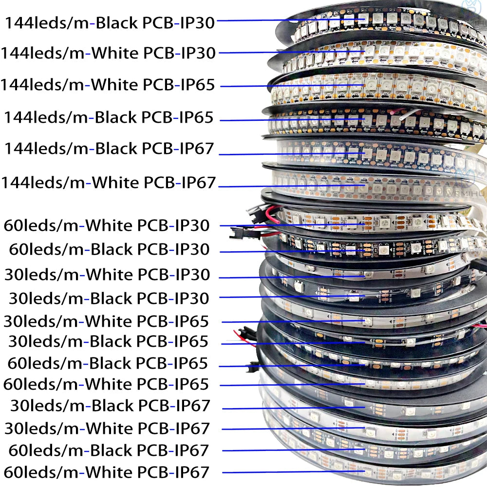 DC5V WS2812B 5m/Roll 30/60/144leds/m Black/White PCB IP30/IP65/IP67 5050RGB Individually Addressable Smart led pixel strip light