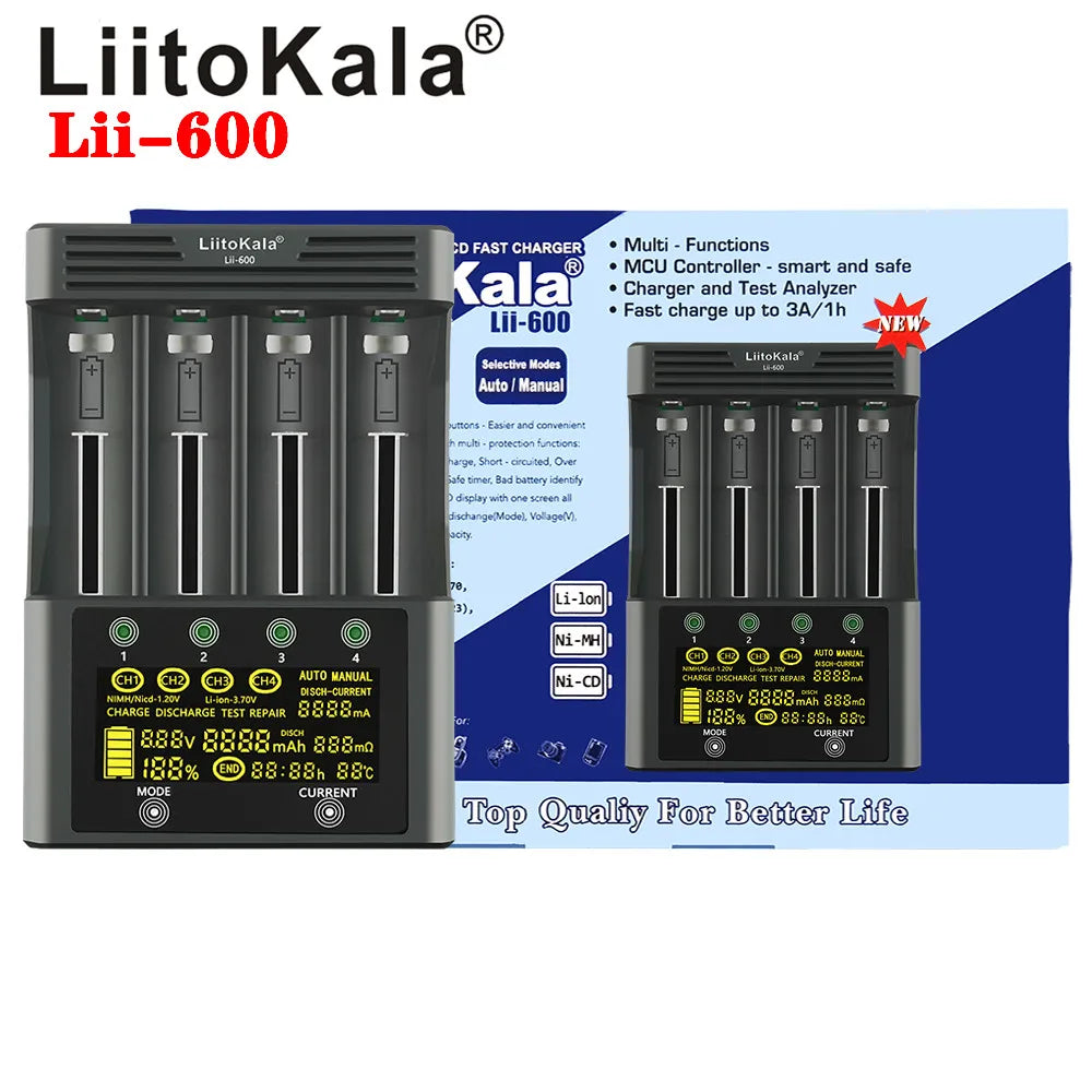 LiitoKala Lii-600 Lii-PD4 Lii-PD2 Lii-500 Lii-S8 LCD Battery Charger  For 21700 18650 18350 26650 22650 14500 NiMH