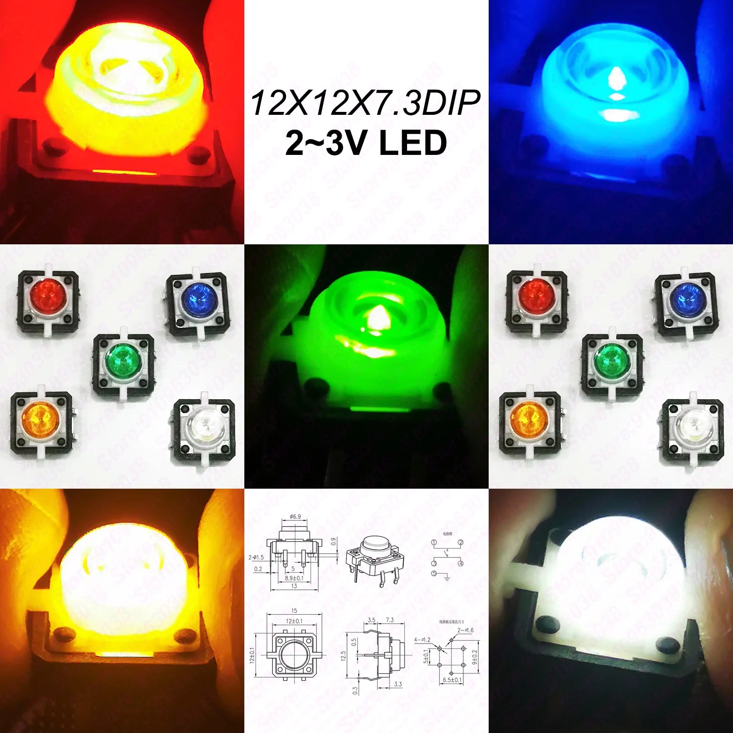 10PCS 12X12X7.3mm With Light Led 3V 6Pin DIP Momentary Push Button Not Fixed Tact Switch Illumination Button PCB Mounting
