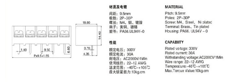 10Pcs HB-9500 2P/3P/4P 300V30A 22-12AWG 9.5mm Splice-able Screw PCB Mount Barrier Wire Terminal Block Connector without Cover