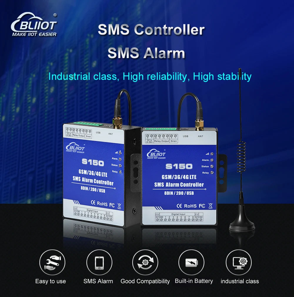 GSM 3G 4G Cellular RTU SMS Alarm Controller S150 8DIN 2Relay Switch Industrial IoT Monitoring System In-Built Watchdog
