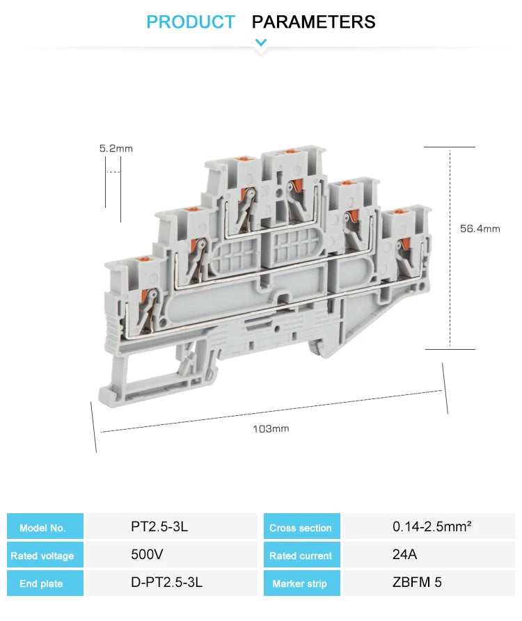 10Pcs PT2.5-3L Push-in Wiring Connector Triple 3 Level 2.5 mm² Cable 2.5mm Electrical Cable Din Rail Terminal Block PT 2.5-3L