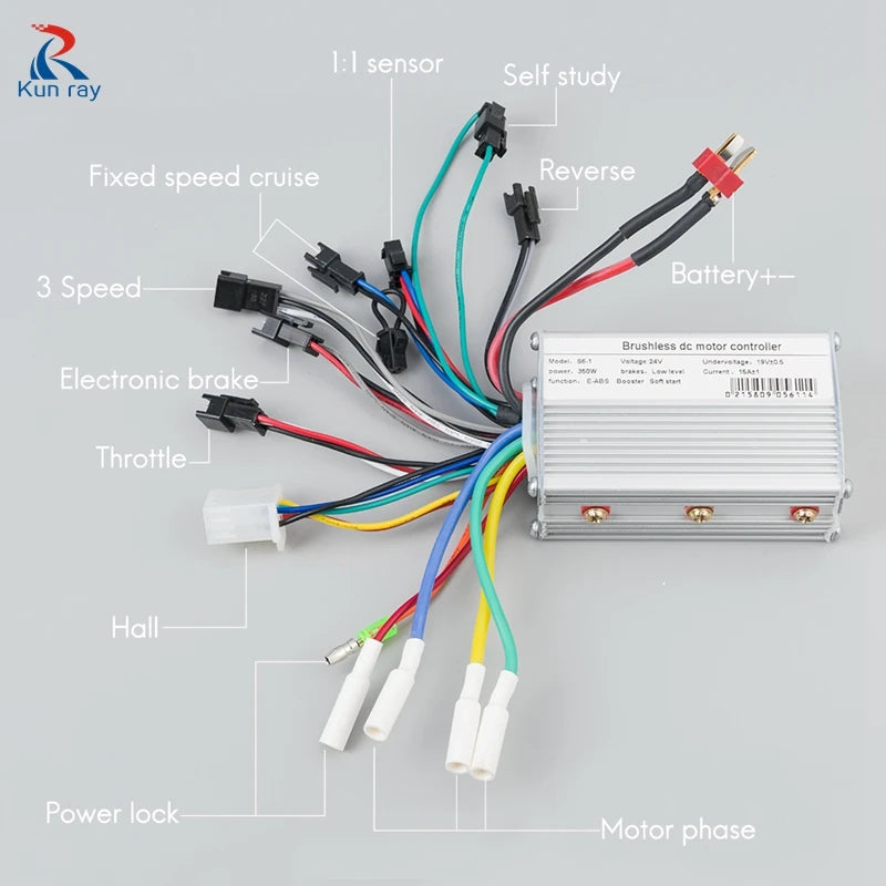 Electric Bicycle BLDC Motor Brushless Speed Controller 250W 350W 24V 36V 48V DC With Hall E-Brake Sensor Reverse 13A 6Mosfet