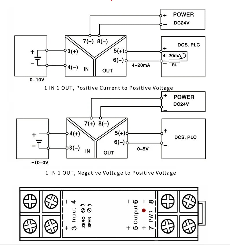 DC Signal Converter 4-20mA 0-10V 0-20mA 50mA 75mV Signal Transmitter Current Voltage Transducer DC24V