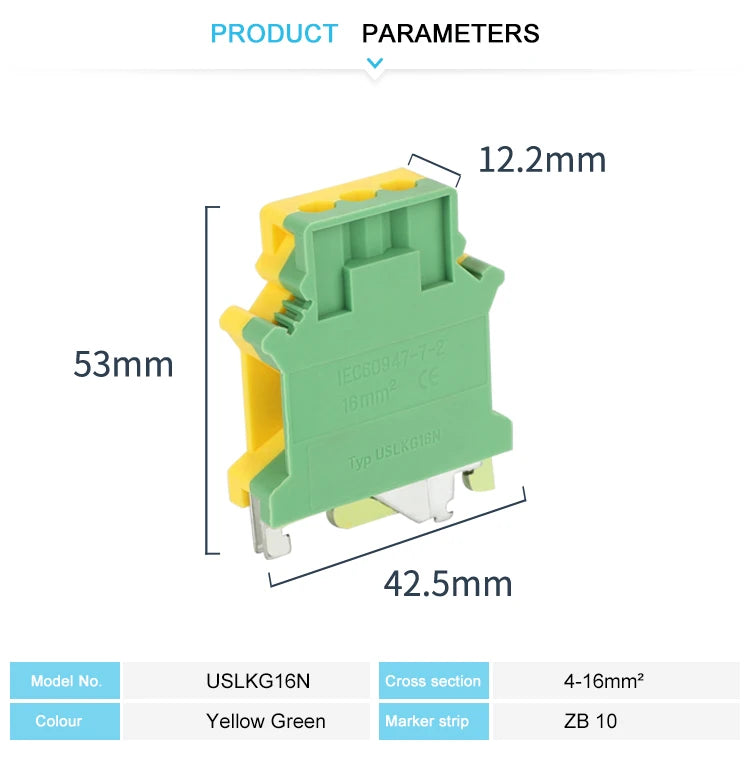 USLKG16N Ground Modular Din Rail Terminal Block, 16 mm² Universal Screw Earth Plug Wire Electrical Connector USLKG-16N