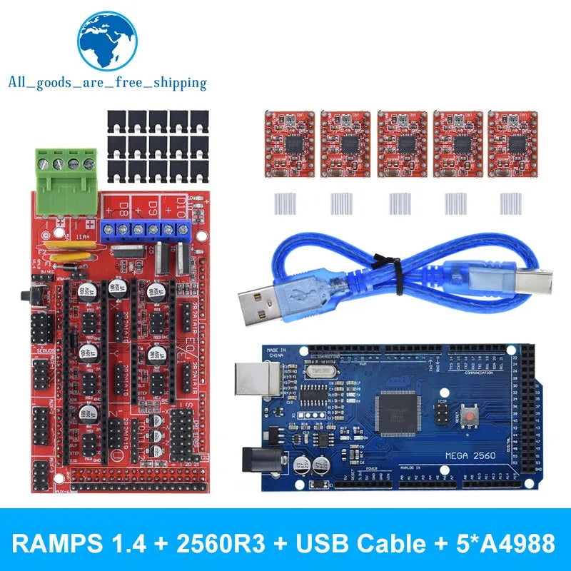 Mega 2560 R3 + RAMPS 1.4 control panel+ 5pcs A4988 or DRV8825 Stepper Motor Drive for arduino kit