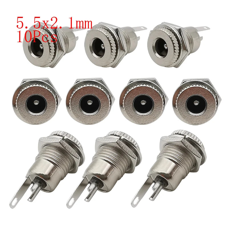 10Pcs DC Power Jack Connectors 5.5 x 2.1mm DC Plug Male Female Socket Soldering Type Nut Panel Mount DC Power Adapter Connector