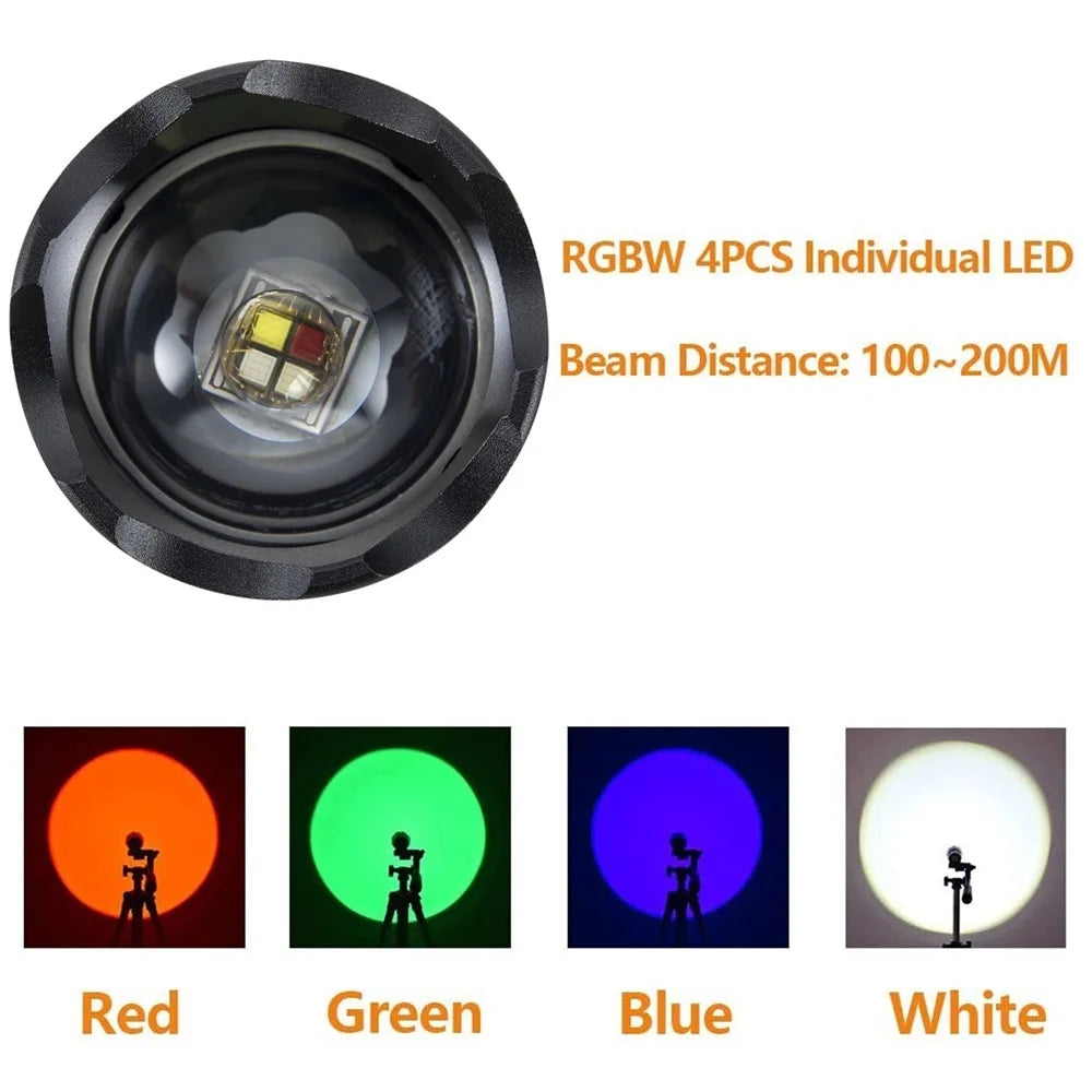4 in 1 Multicolor Zoom Led White/Red/Green/Blue Lighting Flashlight Outdoor Hunting Photographic Selfie Hiking Camping Totch