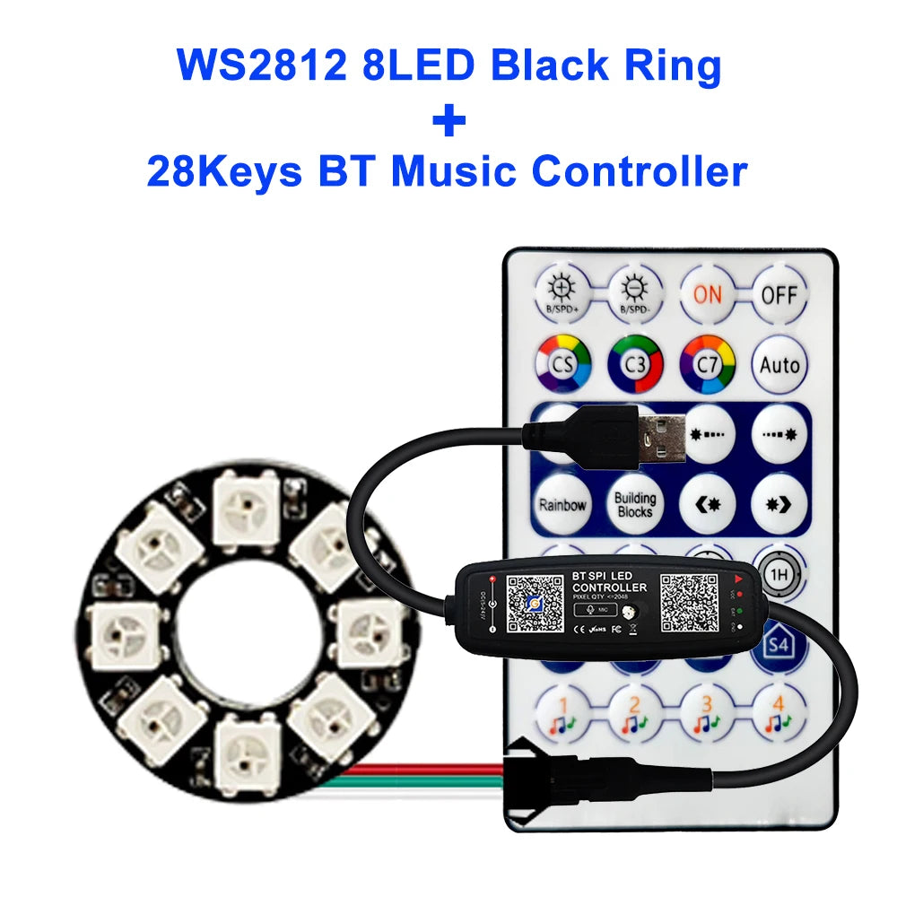 WS2812B Individually Addressable Led Ring 5050 RGB With USB 28Keys Bluetooth Music Controller Kit BuiIt-in 8/16/24/35/45 Pixels