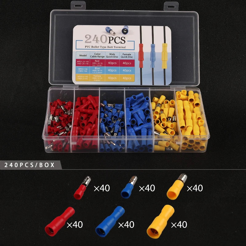 240PCS/Boxed Mixed pack Assorted Insulated Bullet/spade Butt Crimp Terminals Set  Electrical Wire Connector Blue Yellow Red