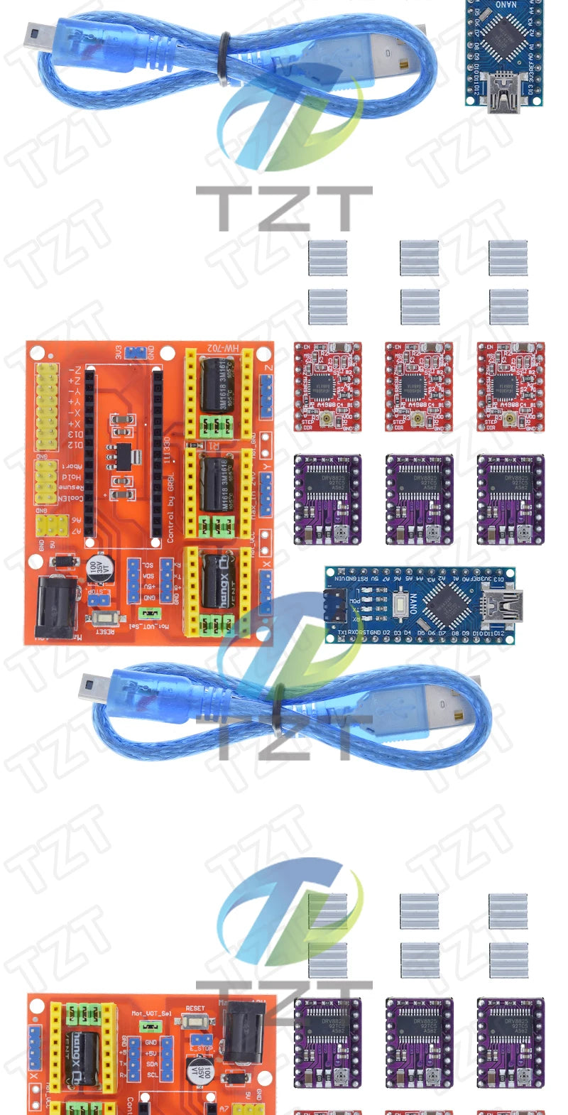 TZT 1SET 3DV4 CNC Shield V4 + Nano 3.0 + 3pcs DRV8825 or A4988  Reprap Stepper Drivers Set For  Arduino