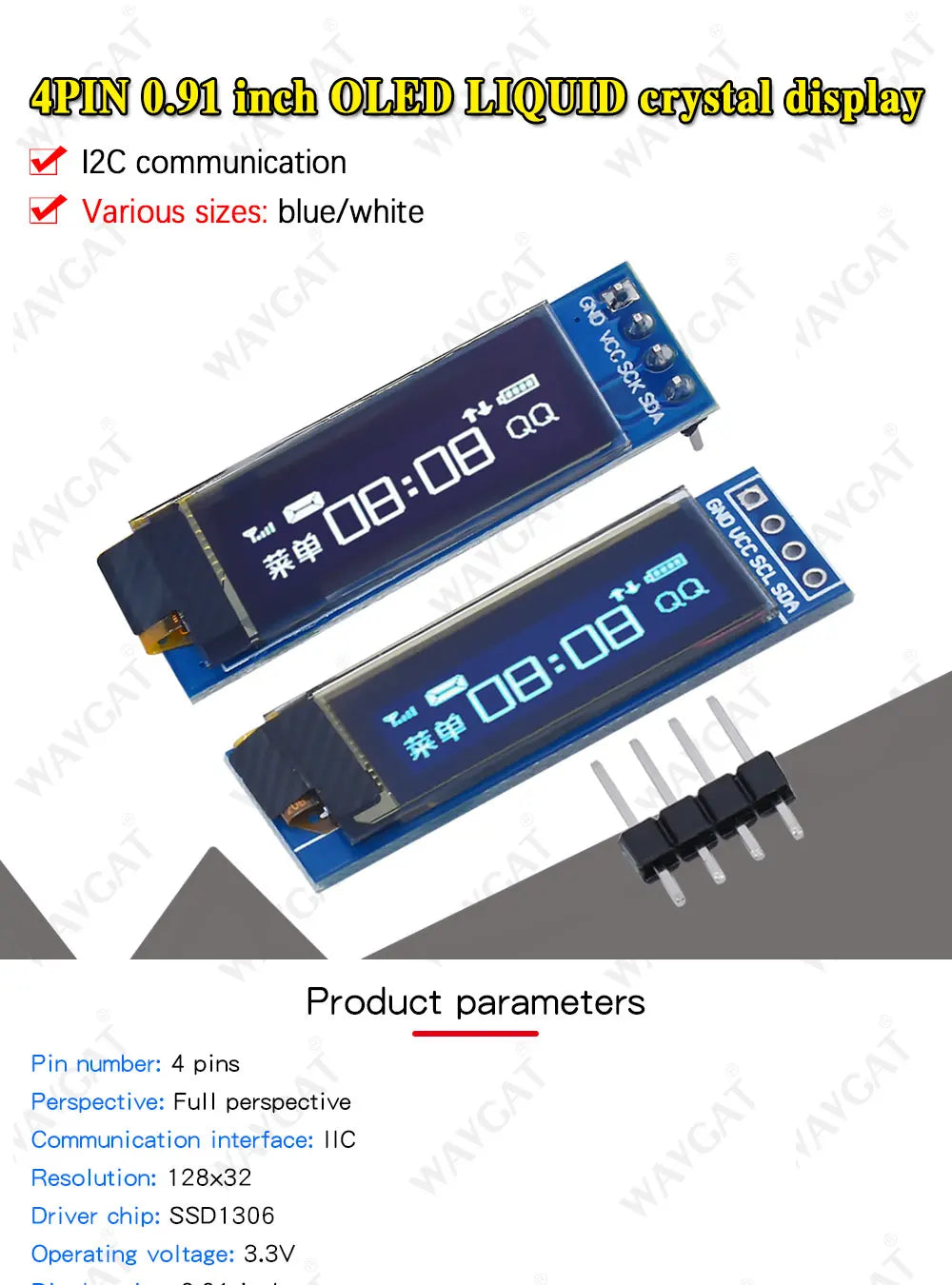 128x32 OLED Screen Module 0.91" Blue White LED LCD Display IIC I2C Communication Board