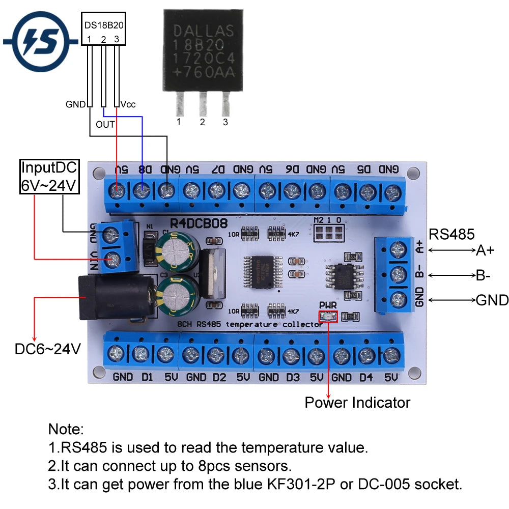 8CH Modbus RTU RS485 R4DCB08 Temperature Receiver Relay Module Temperature Acquisition Collector Paperless Recorder for PLC