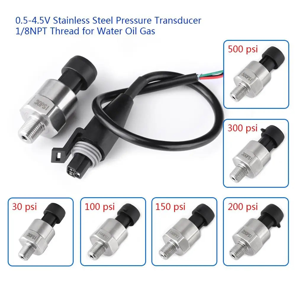 Stainless Steel 1/8" NPT DC 5V Pressure Transducer Sender Sensor For Oil Fuel Water 30/100/150/200/300/500PSI Pressure Senor