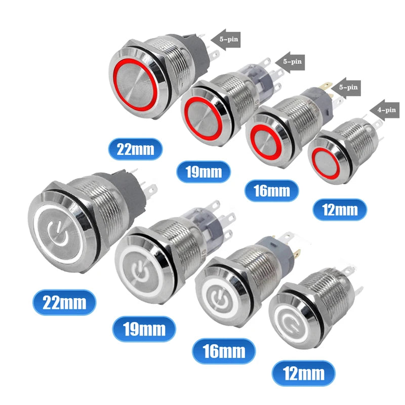 Metal Button Switch 12/16/19/22mm Car Engine Power Switch 3V 5v 12v 24v 220v LDE Light Momentary Self-locking Waterproof Button