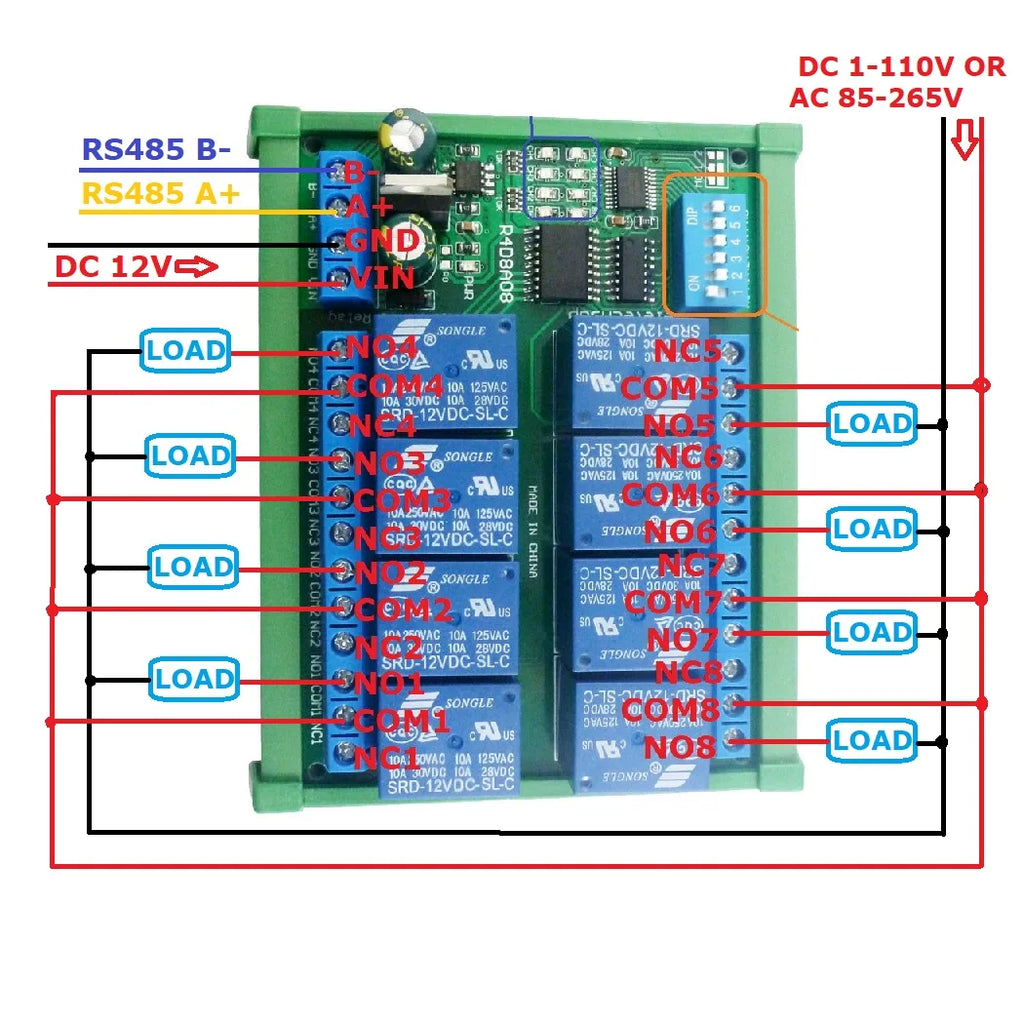 DC 12V 8 Ch RS485 Relay Board Modbus RTU UART Remote Control Switch DIN35 Rail Box for PLC Automation Control