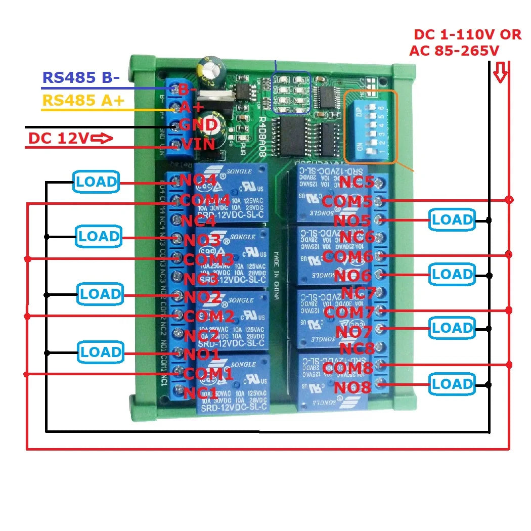 DC 12V 8 Ch RS485 Relay Board Modbus RTU UART Remote Control Switch DIN35 Rail Box for PLC Automation Control