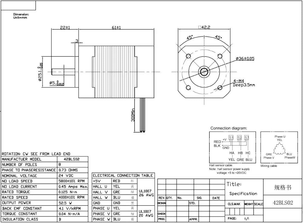 Micro DC24V Brushless Motor 3.3A 52W L61mm  0.125Nm 4000rpm 42 BLDC Motor With Hall Sensor 42BLS02 For RV fan automatic rotation