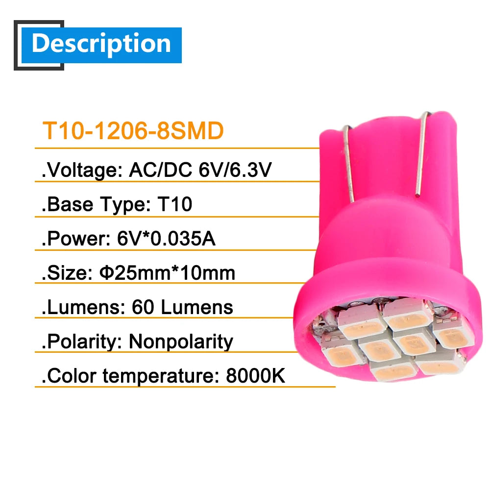 10Pcs AC/DC 6V 6.3V Led Bulb Arcade Pinball Car Light T10 W5W 555 192 168 194 1206 8 SMD LED White Blue Red Green Amber Pink