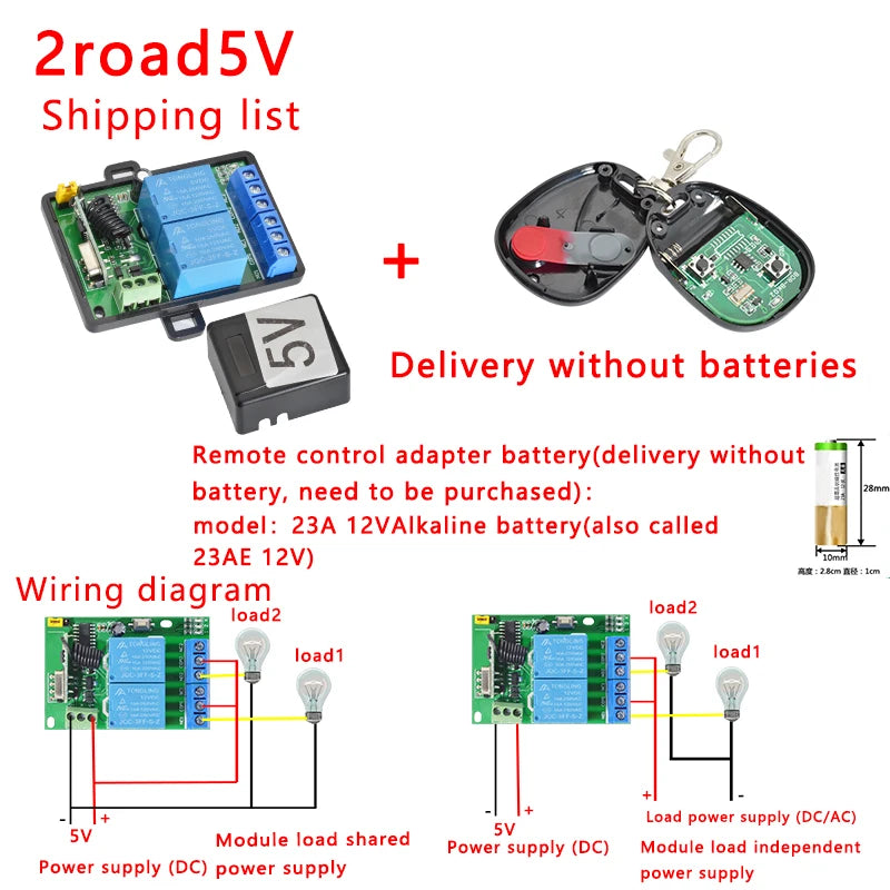 433Mhz RF Remote Control Wireless Switch DC 5V 12V 1CH 2 Way Relay Receiver and 2CH Transmitter For Door Electromagnetic Lock