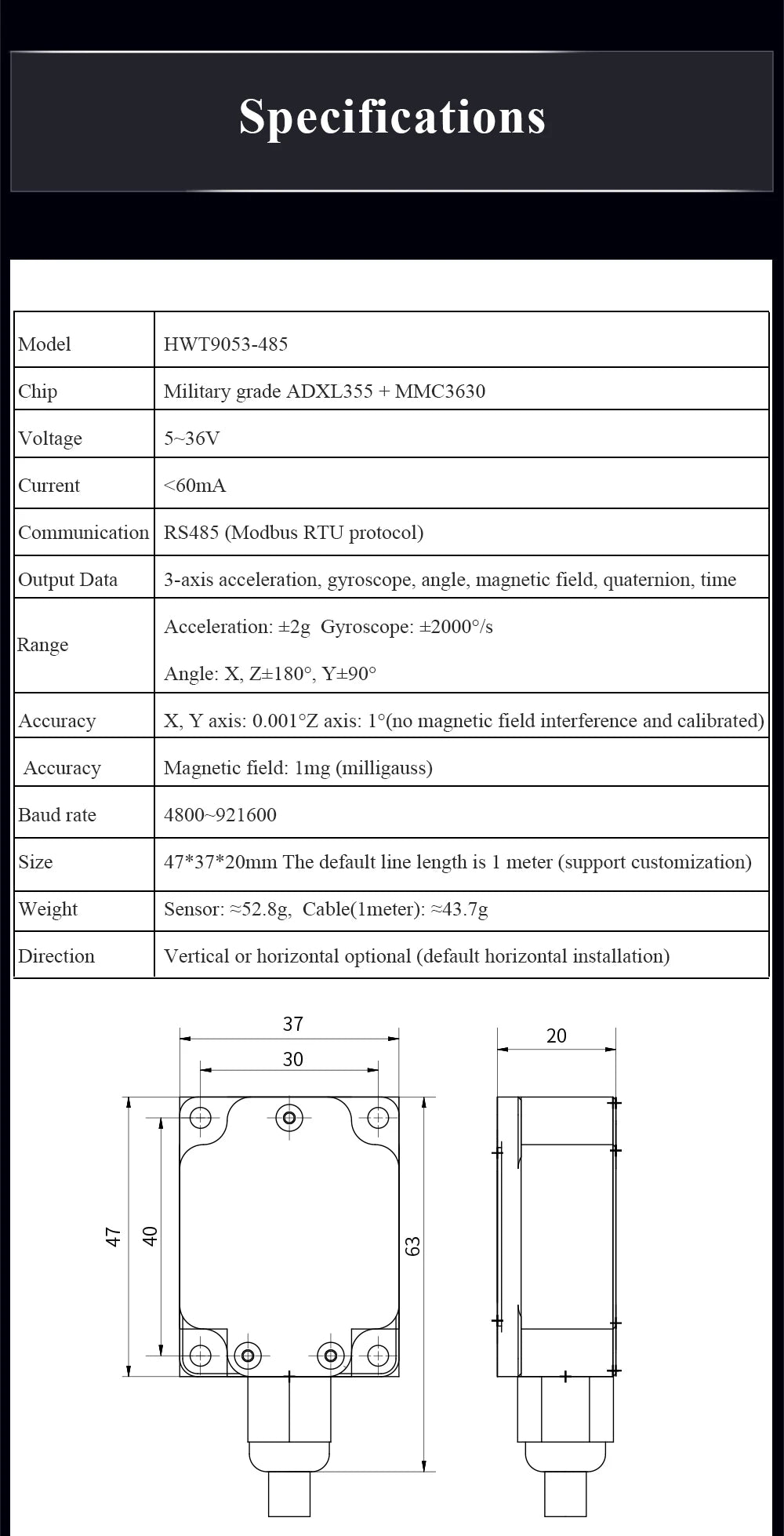 WitMotion HWT9053(X/Y±0.001°)3-Axis Acceleration+Gyro+Euler Sensor IP68 AHRS IMU Built in RM3100 Magnetometer Chip for UAV Robot