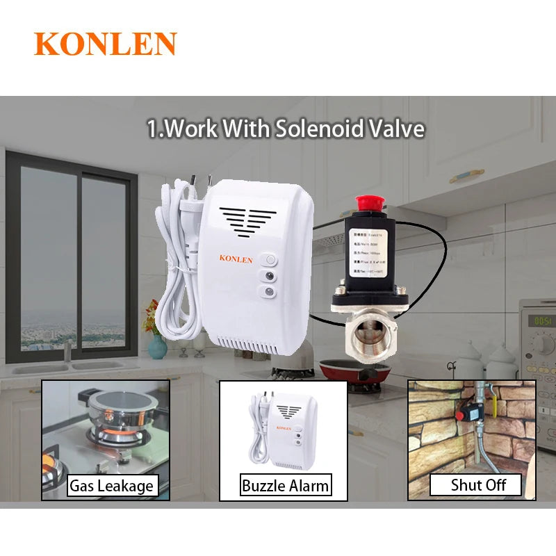 KONLEN LPG Natural Gas Leakage Detector Wireless 433Mhz Sensor With Solenoid Valve