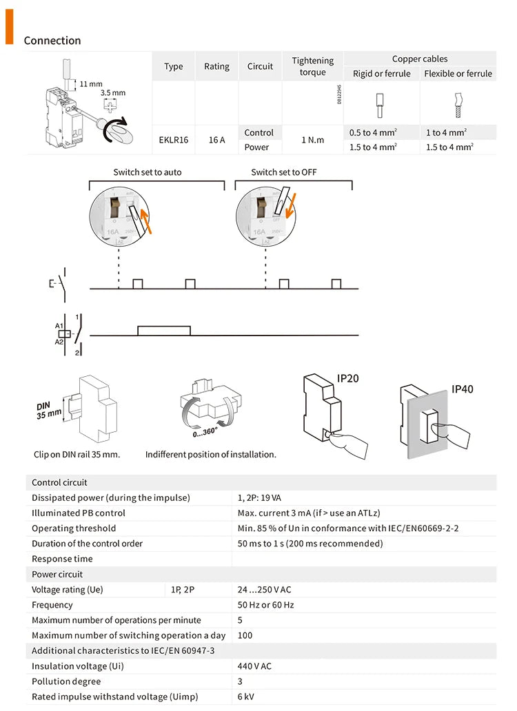 ETEC Impulse Bistable Latching Auto Control Relay Household 1P 2P 16A 1NO 2NO Coil 230V AC 110V DC EKLR