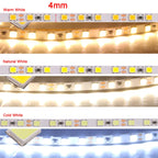 12V LED Strip Light 2835 SMD 4mm Super Bright 120LED/m 5M 600 Pixel Flexible LED Tape Lights Natural White/Warm White/Cold White