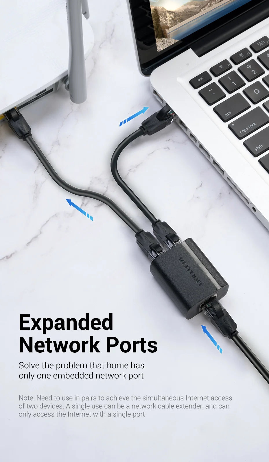 Vention RJ45 Splitter Connector Adapter 1 to 2 Ways Ethernet Splitter Coupler Contact Modular Plug Connect Laptop Ethernet Cable