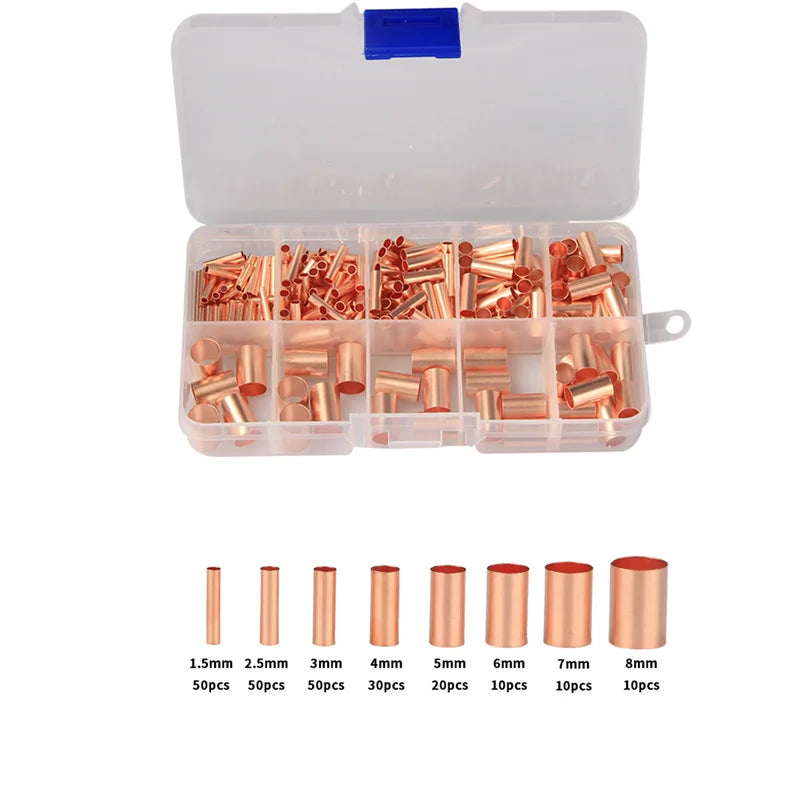 970pcs Copper Connecting Pipe Wire Joint Small Copper Tube Terminal Cable Lug Bootlace Ferrule Kit With Heat Shrink Tube Plier