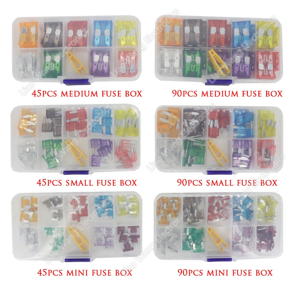 90/45PCS Car Fuse 5/7.5/10/15/20/25/30/35/40A Mini/Small/Medium 24V Automotive Blade Type Zinc Alloy Fuse with Box Clip