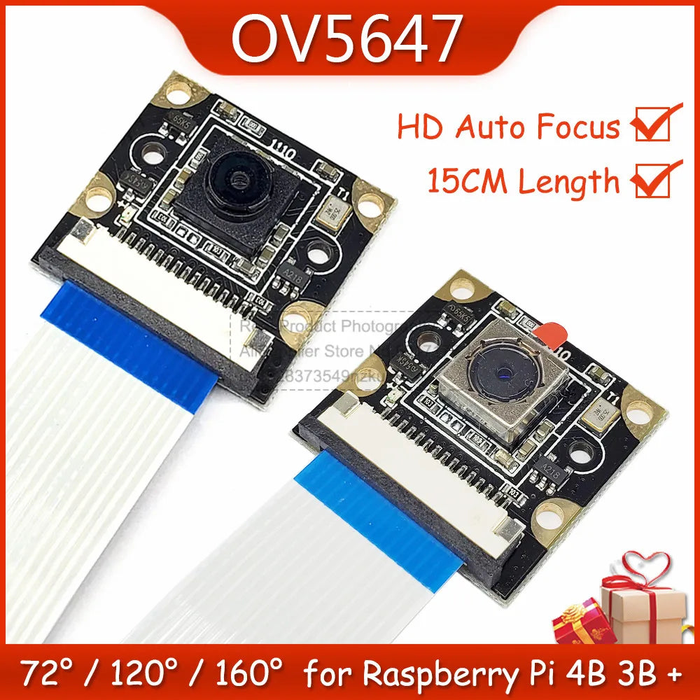 OV5647 Camera Module for Raspberry Pi 4B 3B 3B+ 2B HD 1080P 5 Million Pixels 72 120 160 Degrees Auto Focus with 15CM CSI Cable