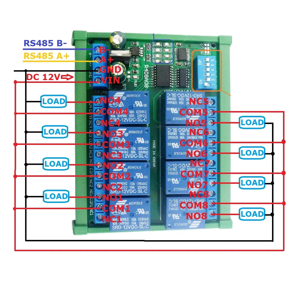 DC 12V 8 Ch RS485 Relay Board Modbus RTU UART Remote Control Switch DIN35 Rail Box for PLC Automation Control
