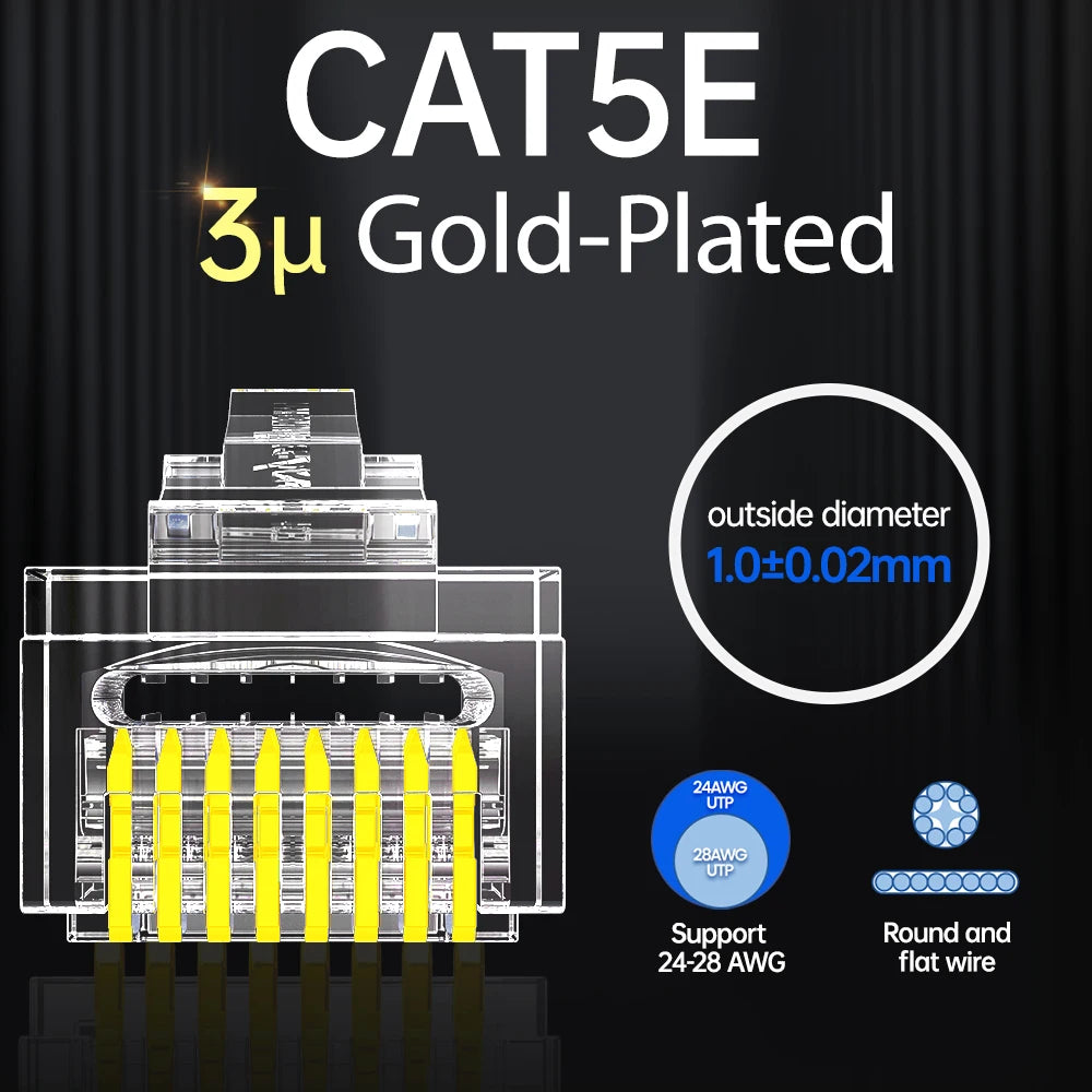 AMPCOM CAT6 CAT5E Pass Through RJ45 Modular Plug Network Connectors UTP 3/50μ Gold-Plated 8P8C Crimp End for Ethernet Cable