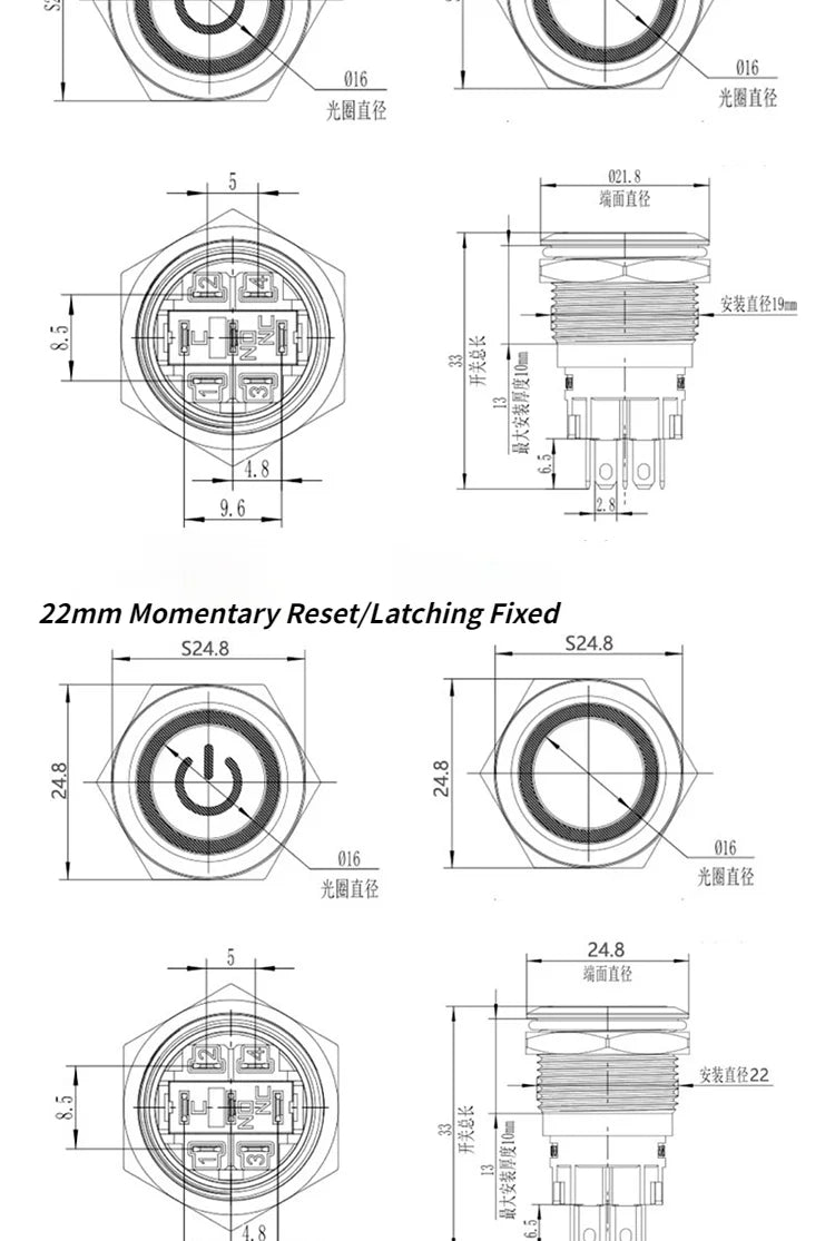 12/16/19/22mm Push Button Switch Oxidized Black Momentary Latching Fixed On Off Power Switch LED Light 3V 6V 12V 24V 220V