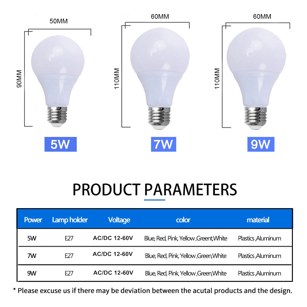 E27 LED Bulb 12V DC 24V 36V AC Led Light Lamp 5W 7W 9W 12W Lampada Red Blue Green Yellow Pink Bombilla Bulbs For Transformer