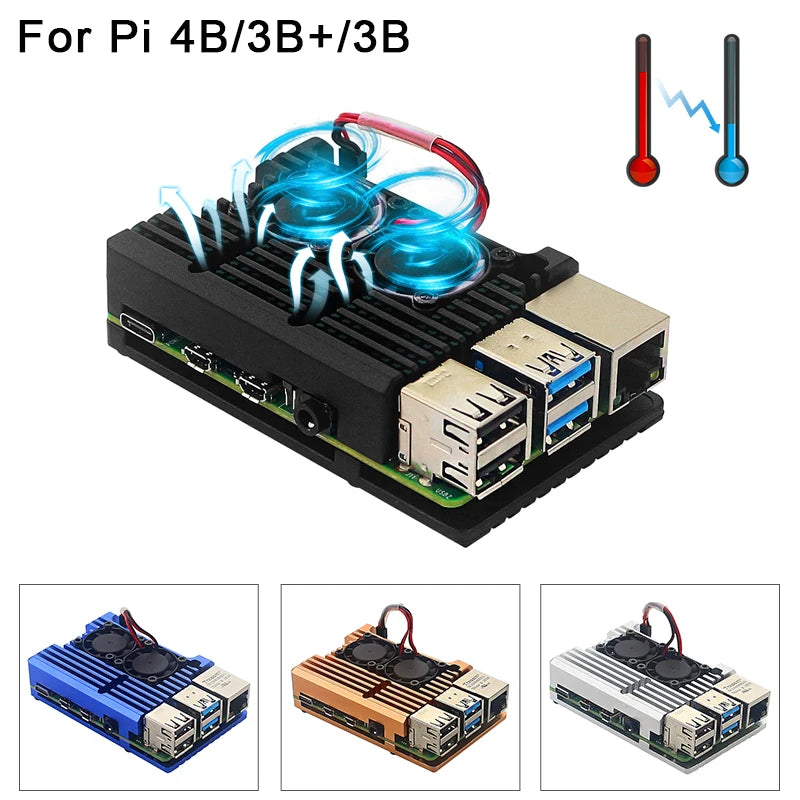 Raspberry Pi 4 Aluminium Alloy Metal Case Cooling Fan Enclosure Raspberry Pi 3 Dual Fan Case Optional for RPi 4B 3B Plus 3B